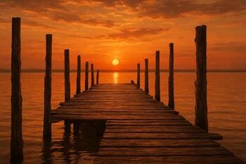 Houten steiger met palen en weerkaatsend water