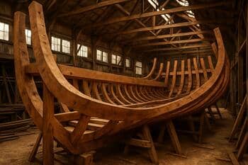 Eiken balken en gebogen spanten voor de scheepsromp