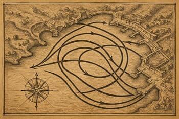 Plattegrond van een haven met ingetekende routestromen
