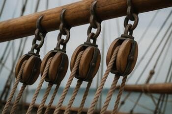 Katrollen met gespannen lijnen aan een giek