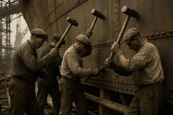 Team dat met hamers klinknagels afwerkt