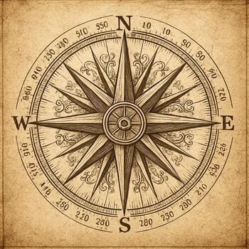 Gravure van een kompasroos met graden en windstreken