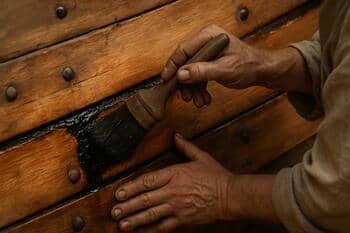 Kwast die warme pek uitsmeert over de naad