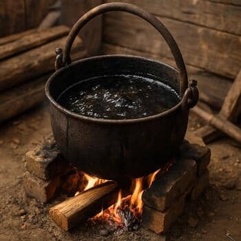 Pot met pek op kleine stookplaats