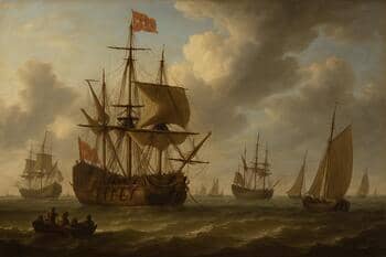 Rede met ankerende schepen voor de kust