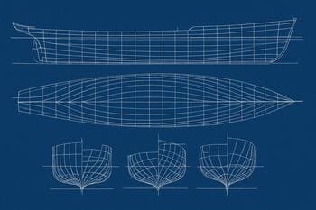 Blauwdruk met romplijnen en waterlijnen