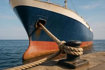 Scheepsboeg vastgezet aan een bolder met dikke tros