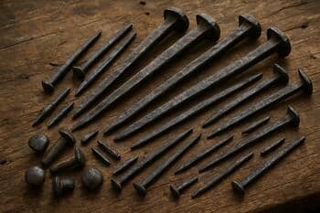 Smeedijzeren spijkers en klinknagels op houten werkbank