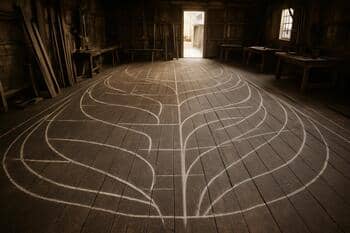 Spantsjablonen uitgezet op de vloer met krijt