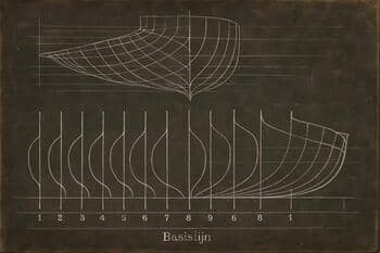 Malplaat met uitgezette spantvormen en krijtmarkeringen