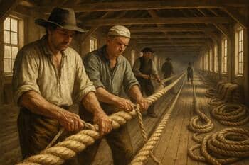 Lange lijnbaan met touwslagers die vezels twijnen tot dikke scheepstrossen