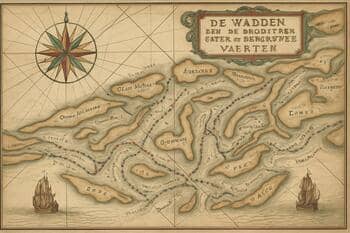 Zeekaart van de Wadden met banken, geulen en betonde vaargeulen