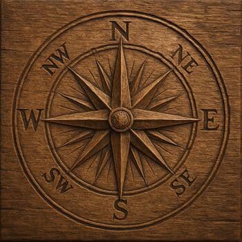 Windroos in hout gesneden met hoofd- en tussenstreken