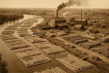 Luchtfoto-stijl beeld van een houtzaagmolen met vlotten hout