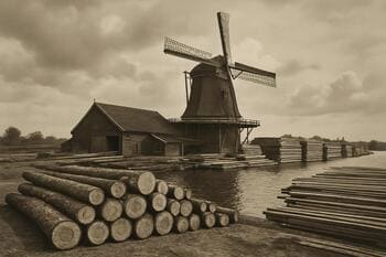 Panoramisch zicht op een Zaanse houtzaagmolen aan het water met stapels gezaagd eiken