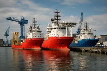 Offshore service-werf met schepen aan de kade