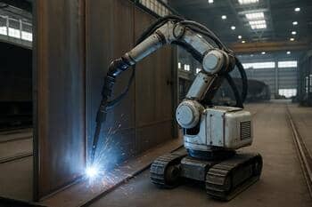 Robot die langs een rompwand last in een hal