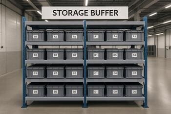 Voorraadbuffer in magazijn met gelabelde bakken