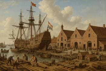 VOC-werf in Amsterdam met dok en magazijnen
