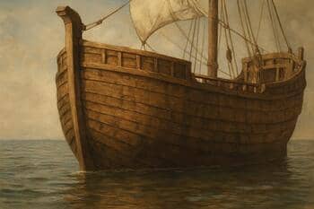 Detail van een kogge met rechte steven en hoge boorden