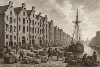 Pakhuizen in Amsterdam met lading aan de kade