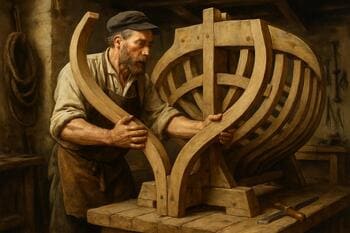 Scheepstimmerman die een spant past op de mal