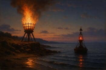 Vuurboet en baken aan de kust bij schemer