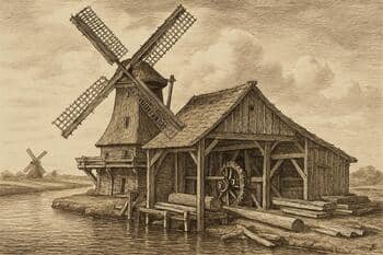 Wind-aangedreven houtzaagmolen aan het water